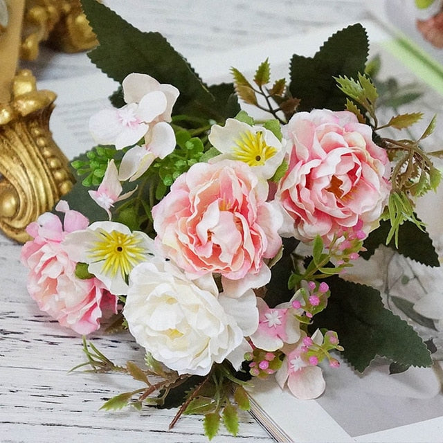 Artificial Flowers Rose Silk Flowers Bouquet Small Peony Fake Flowers Faux flores Wedding Home DIY Decoration Valentine's Day
