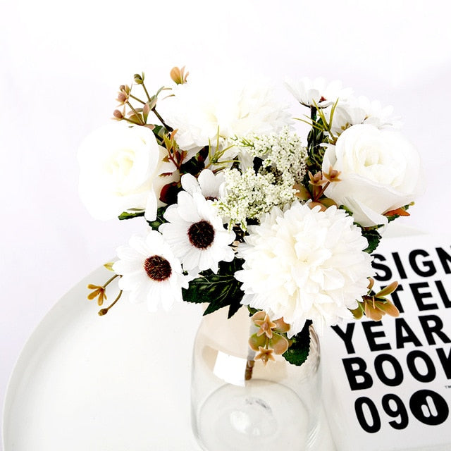 Artificial Flowers Rose lavender Hydrangea Daisy Autumn Hybrid Bouquet for Home Wedding Christmas Decor Fall Silk Fake Flower